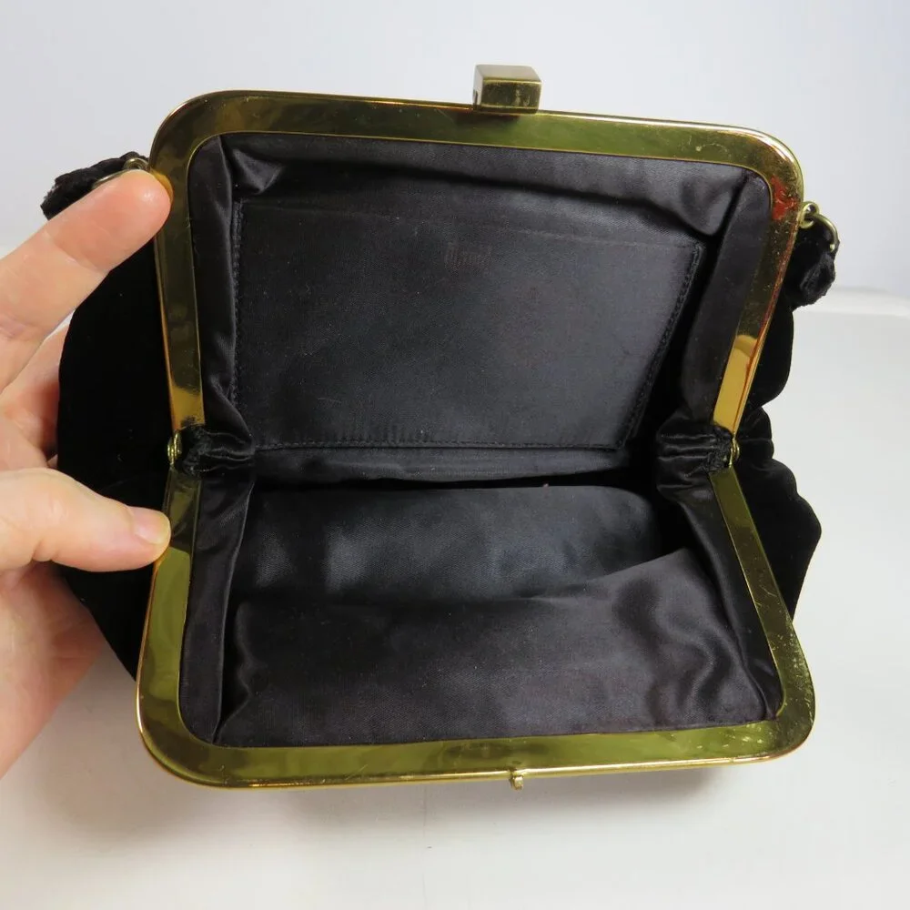 Vintage Black Velvet Kiss-Lock Clutch Purse, satin change & Jeweled Mirror Brush